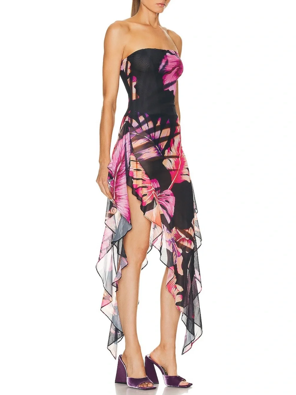 Retrofete Black Strapless Dress with Pink Floral Print - Picture 2 of 6